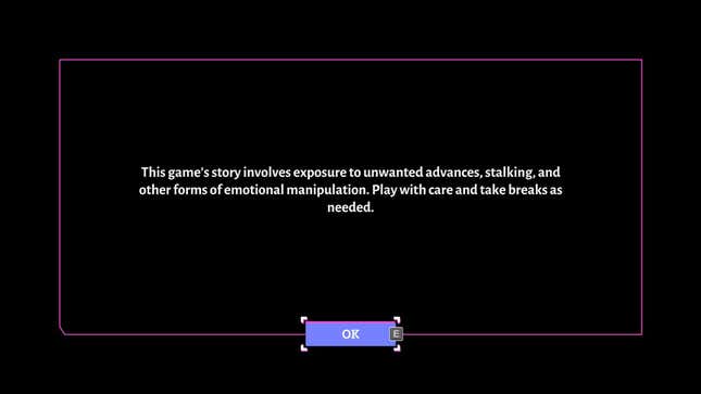 A screenshot of the content warning used in Boyfriend Dungeon to give players a heads up about topics relating to emotional manipulation and stalking.