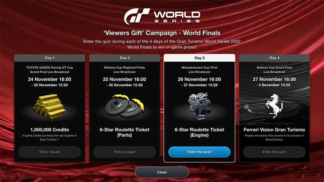 In-game menu explanation of GT World Series awards between November 24 and 27