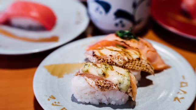 Sushi on plate at Sushiro conveyor belt sushi restaurant