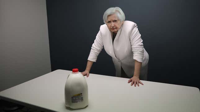Image for article titled Janet Yellen Rolls Up Sleeves To Take Another Crack At Interrogating Milk Jug Over Rising Food Prices