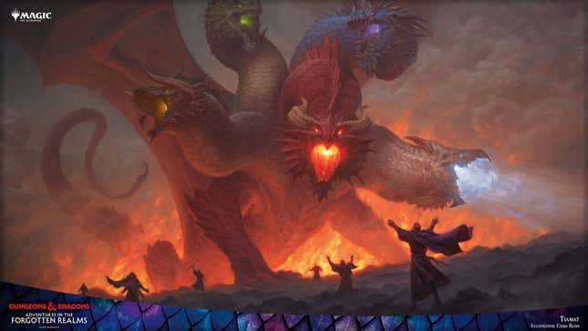A promotional image shows the very large five-headed dragon known as Tiamat attacking adventurers.