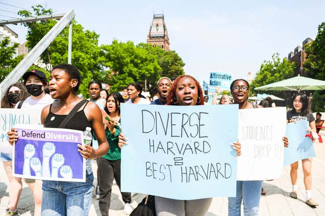 Participants march and chant slogans at a rally protesting the Supreme Court’s ruling against affirmative action on Harvard University Campus in Cambridge, Massachusetts, the United States, on July 1, 2023. 