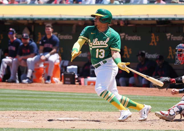 Jul 19, 2023; Oakland, California, USA; Oakland Athletics second baseman Jordan Diaz (13) hits a single against the Boston Red Sox during the fifth inning at Oakland-Alameda County Coliseum.