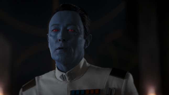 Lars Mikkelsen as Grand Admiral Thrawn, complete with blue skin and red eyes, in the Ahsoka series.
