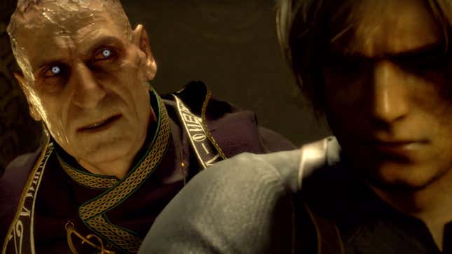 Lord Saddler confronts Leon in the Resident Evil 4 remake.