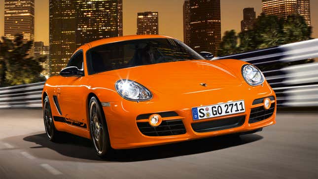 An orange Porsche Cayman sports car