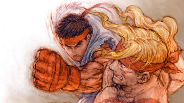 In an illustration, Ryu attempts to punch Alex, who barely dodges out of the way.