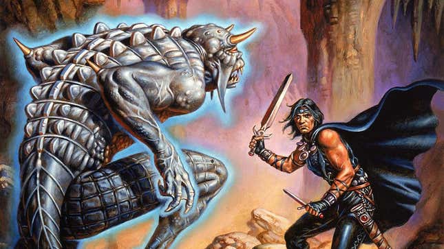 Gord the Rogue faces a monster in the Clyde Caldwell cover art for Gary Gygax's Greyhawk novel, Saga of Old City.