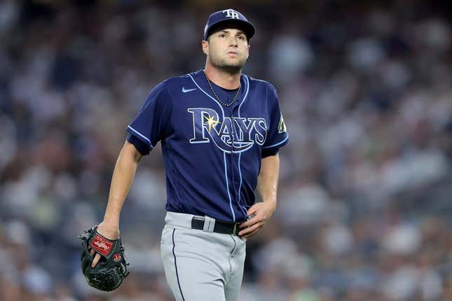 Aug 2, 2023; Bronx, New York, USA; Tampa Bay Rays starting pitcher Shane McClanahan (18) reacts during the fourth inning against the New York Yankees at Yankee Stadium.