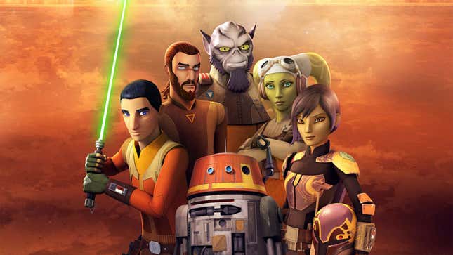 An official Star Wars: Rebels poster featuring Ezra Bridger, Kanan Jarrus, Zeb, Hera Syndulla, Sabine Wren, and Chopper.
