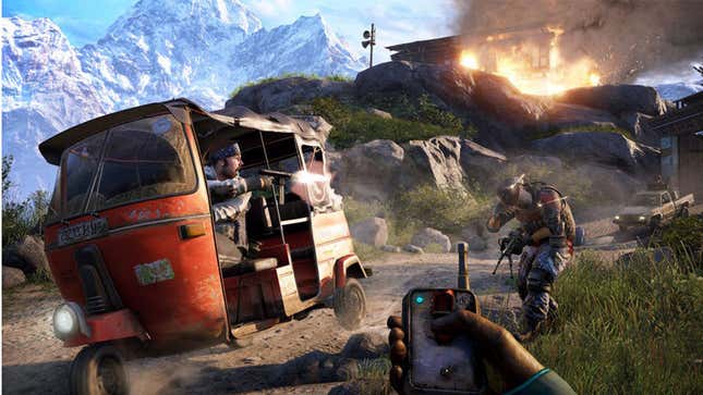 In Far Cry 4, a man driving a small car is shooting at an enemy with an SMG near a big fire. 