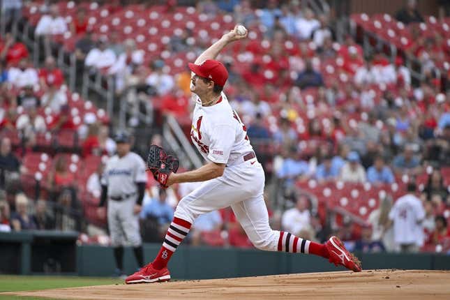 Jul 17, 2023; St. Louis, Missouri, USA;  St. Louis Cardinals starting pitcher Miles Mikolas (39) pitches against the Miami Marlins during the first inning at Busch Stadium.
