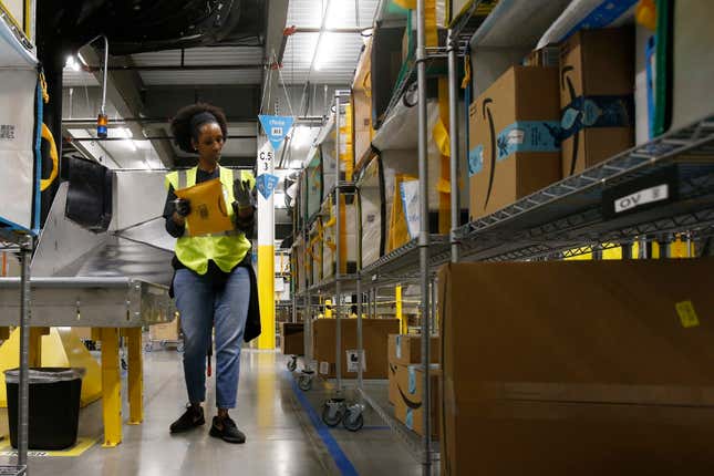 A worker in an Amazon warehouse