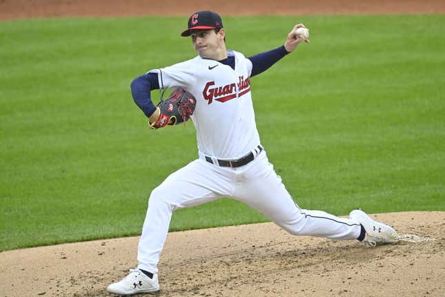 May 6, 2023; Cleveland, Ohio, USA; Cleveland Guardians starting pitcher Logan Allen (41) delivers against the Minnesota Twins in the third inning at Progressive Field.