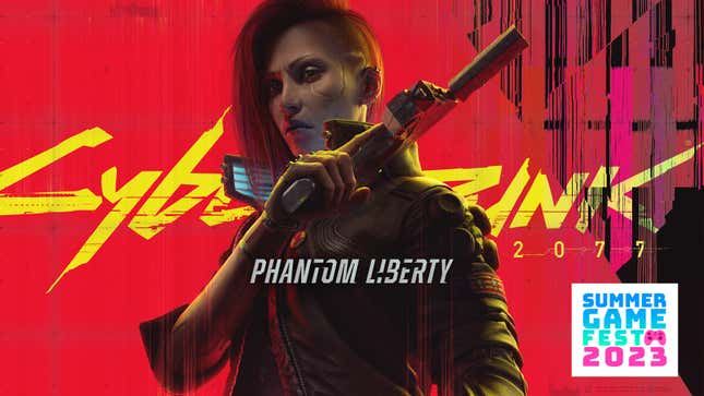 V is seen holding a pistol against a red background and yellow Cyberpunk 2077 logo.