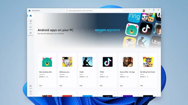 A rendered screenshot of the Microsoft Store with several Android apps listed for download.