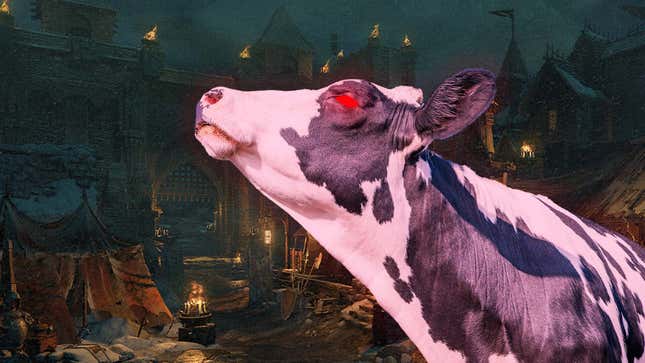 An evil cow is seen with glowing red eyes in the world of Diablo IV.