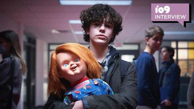 Teenager Jake Wheeler (Zackary Arthur) carries a grinning Chucky doll down the hall of his middle school.