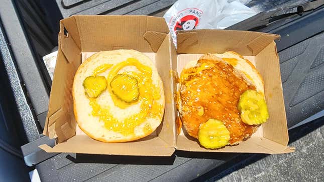 Panda Express Orange Chicken Sandwich, open to show detail