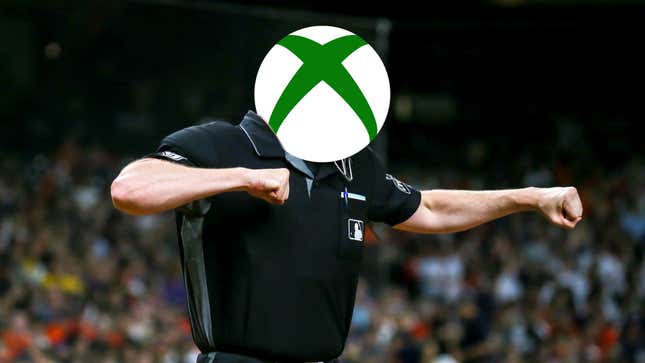 An umpire with an Xbox logo super-imposed over his head calls out a batter.