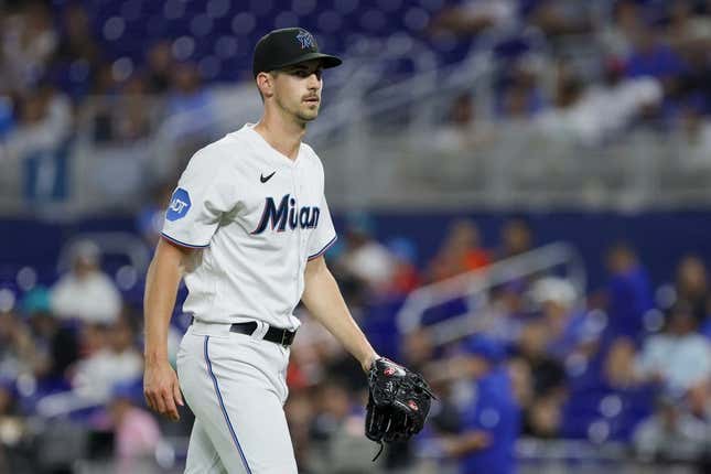 Jun 19, 2023; Miami, Florida, USA; Miami Marlins starting pitcher Bryan Hoeing (78) looks on against the Toronto Blue Jays during the first inning at loanDepot Park.
