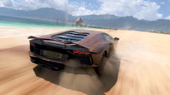 A wooden Lamborghini Aventador speeds down a beach in Forza Horizon 5.