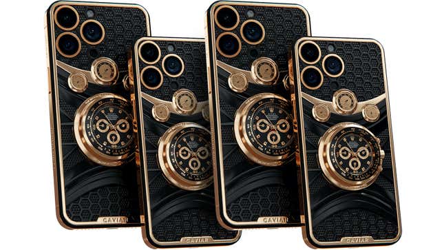 Four copies of the Caviar Daytona smartphone case featuring a Rolex watch embedded on the back.