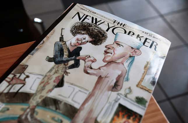 The cover of The New Yorker magazine is seen July 14, 2008 in New York City. The satirical illustration on the cover depicting Democratic presidential candidate Sen. Barack Obama (D-IL) dressed in traditional Arab garb and his wife Michelle Obama dressed in military fatigues and carrying an assault rifle is generating controversy.