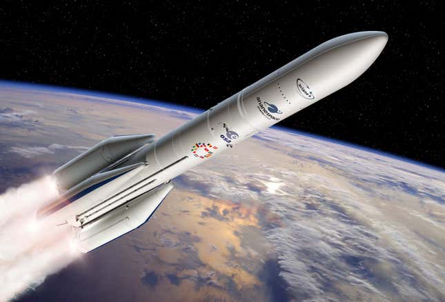 Artist’s conception of the four-booster Ariane 6 configuration during launch. 