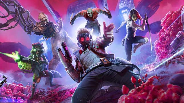 Star-Lord and the rest of his team slide into action on a planet covered in red rocks. 