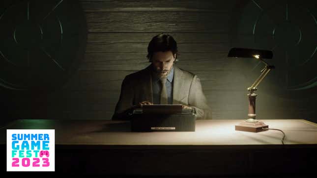Alan Wake sits at a word processor typing in a dimly lit room.