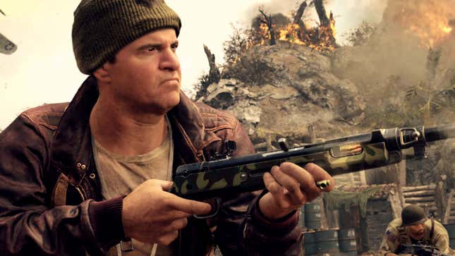 A solider from Call of Duty aims his gun off screen. 