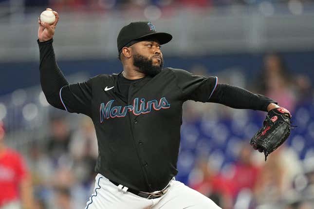 Aug 3, 2023; Miami, Florida, USA;  Miami Marlins starting pitcher Johnny Cueto (47) pitches against the Philadelphia Phillies at loanDepot Park.