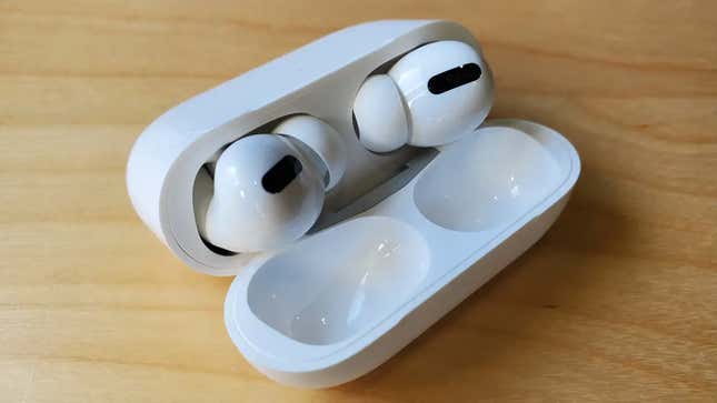 A pair of AirPods Pro in the charging case