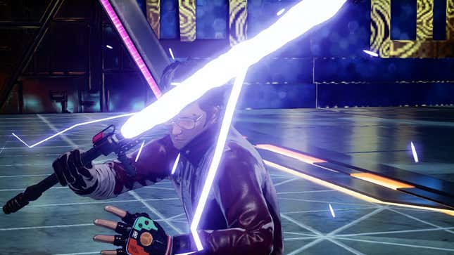 A guy with ugly sunglasses and a kickass red leather jacket holds an energy sword in No More Heroes 3, one of the best games of 2021