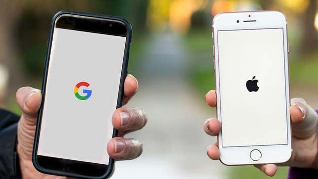 The Google and Apple logos on two phones.