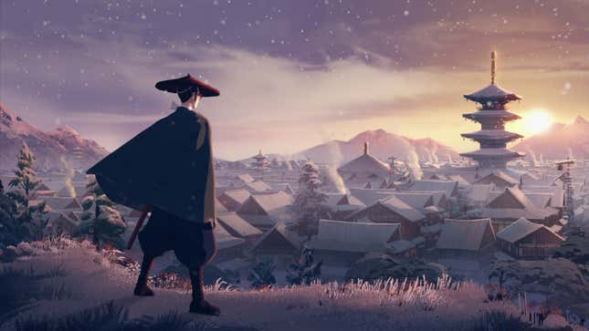 Mizu in einer Szene aus der Netflix-Serie „Blue Eye Samurai“ mit Blick auf ein Gelände.