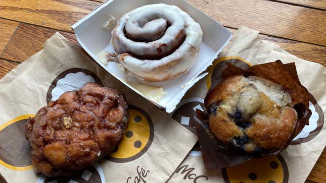 From left: McDonald's new apple fritter, cinnamon roll, and blueberry muffin
