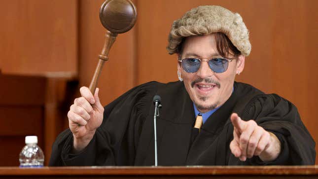 Image for article titled Johnny Depp Interrupts Libel Case To Duck Behind Witness Stand, Pop Up In Judge’s Robes Banging Oversized Gavel