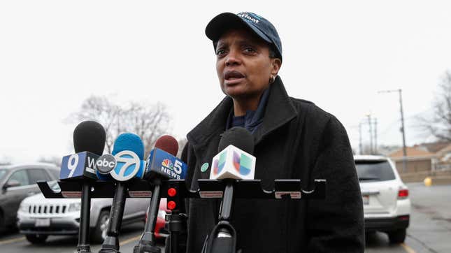  Lori Lightfoot speaks to the press outside of the polling place at the Saint Richard Catholic Church in Chicago, Illinois on April 2, 2019.