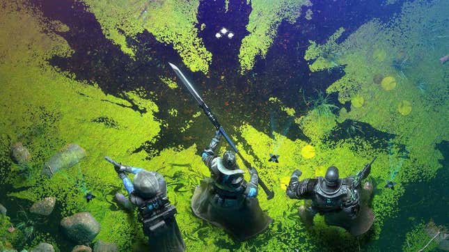 Three Destiny Guardians stand overtop a dark imprint of the Witch Queen. 