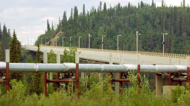 The Trans-Alaska Pipeline crosses the Yukon River July 21, 2002 near Dalton Highway in Fairbanks, Alaska. The 800 mile pipeline carries crude oil from Prudhoe Bay to the ice free port of Valdez, Alaska.