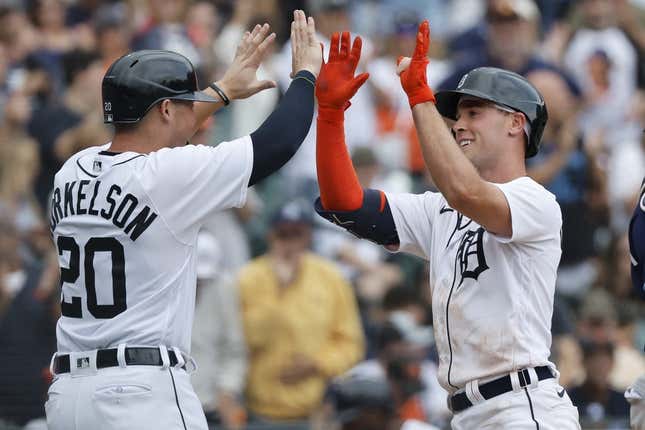 Spencer Torkelson of the Detroit Tigers hits a two-run homerun in the in  2023