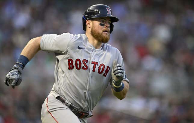 Jun 20, 2023; Minneapolis, Minnesota, USA;  Boston Red Sox infielder Christian Arroyo (39) runs to second on a double while driving in two runs against the Minnesota Twins during the seventh inning at Target Field.