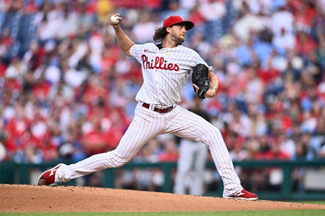 Sep 9, 2023; Philadelphia, Pennsylvania, USA; Philadelphia Phillies starting pitcher Aaron Nola (27) throws a pitch against the Miami Marlins in the first inning at Citizens Bank Park.