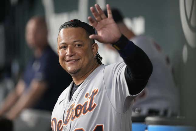 Jun 27, 2023; Arlington, Texas, USA; Detroit Tigers designated hitter Miguel Cabrera (24) waves to fans from the dugout during the first inning against the Texas Rangers at Globe Life Field.