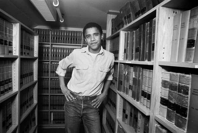 Barack Obama, graduate of Harvard Law School ‘91, is photographed on campus after was named head of the Harvard Law Review in 1990.