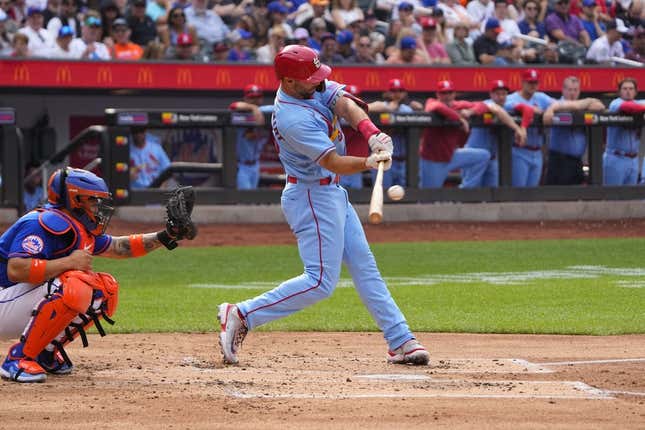 Jun 17, 2023; New York City, New York, USA; St. Louis Cardinals first baseman Paul Goldschmidt (46) hits a two run home run against the New York Mets during the second inning at Citi Field.