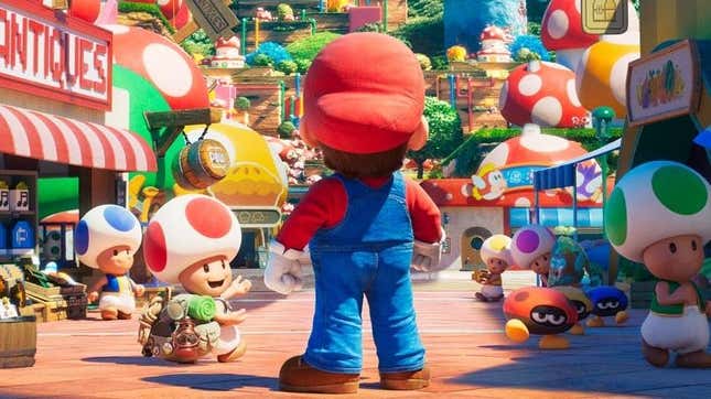Mario stands in front of toads.