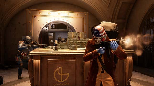 A troupe of Payday 3 characters in suits and masks rob a bank while shooting offscreen.